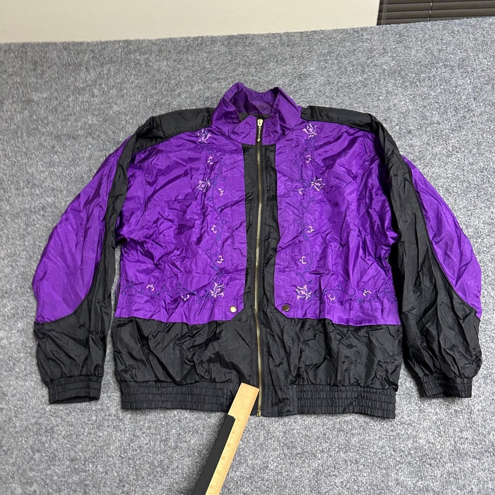 Vintage Jacket Womens Size L Purple Black Colorblock Embroidered Windbreaker Zip